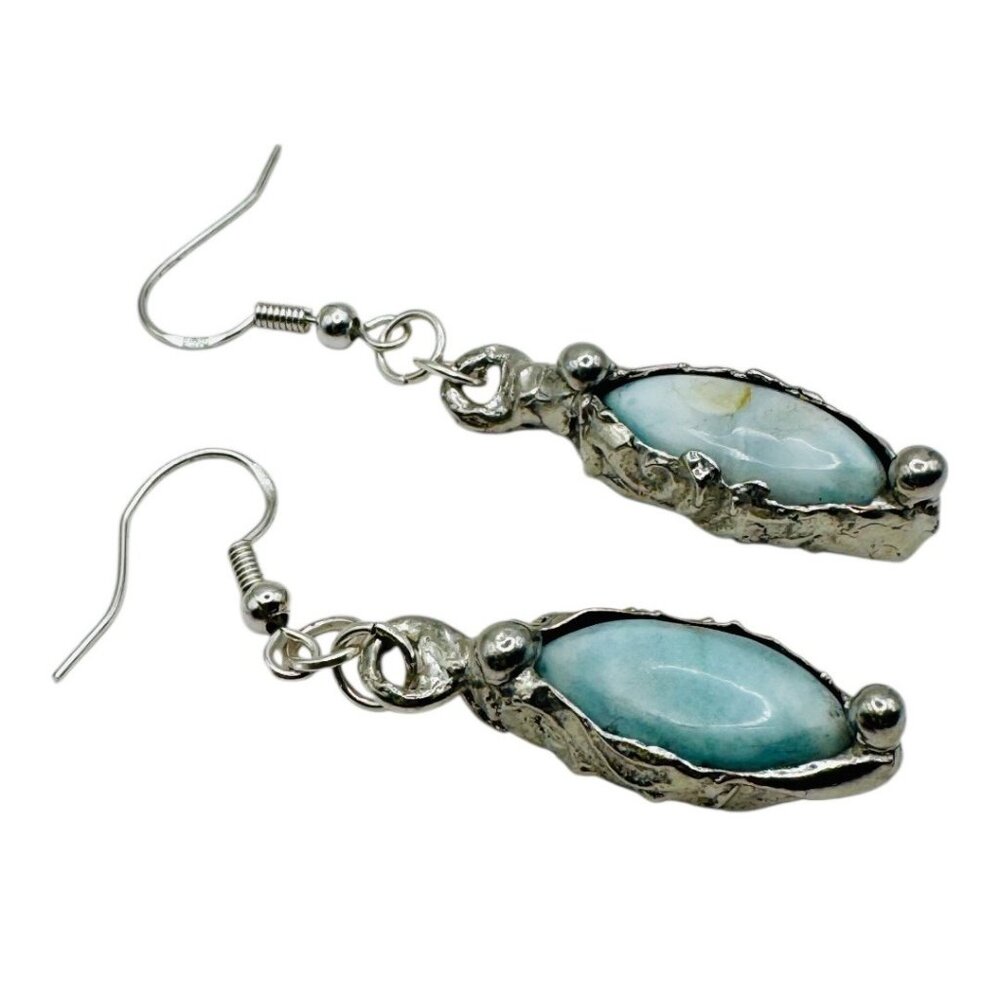 Larimar Dainty Earrings Encased In Boho Artisan Silver Bezels With 925 Hooks - Picture 11 of 14